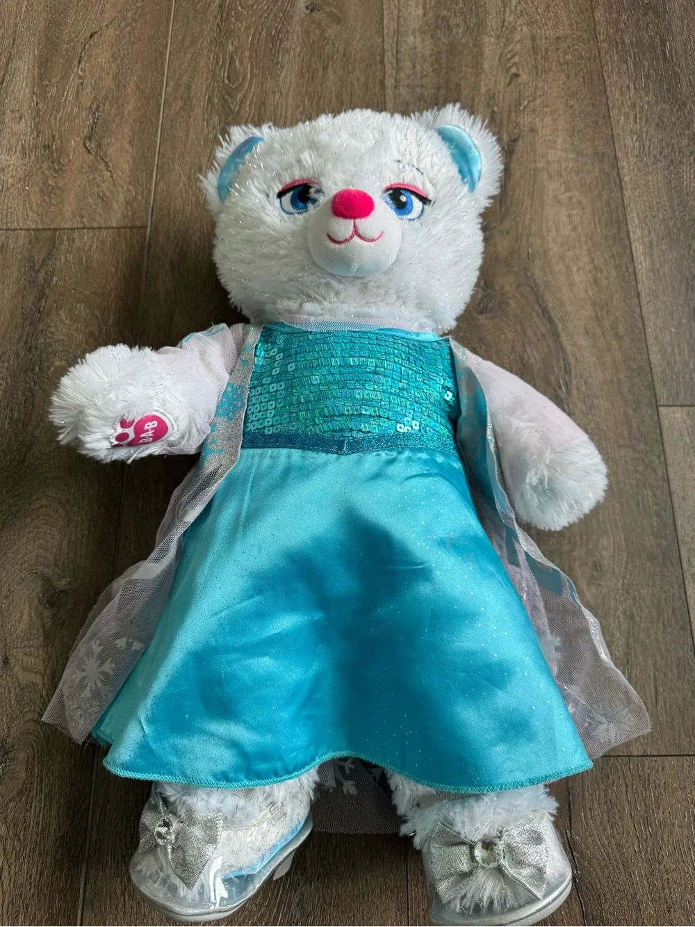 Build A Bear Elsa Plush White Bear in Turquoise Sequin Dress and Shoes